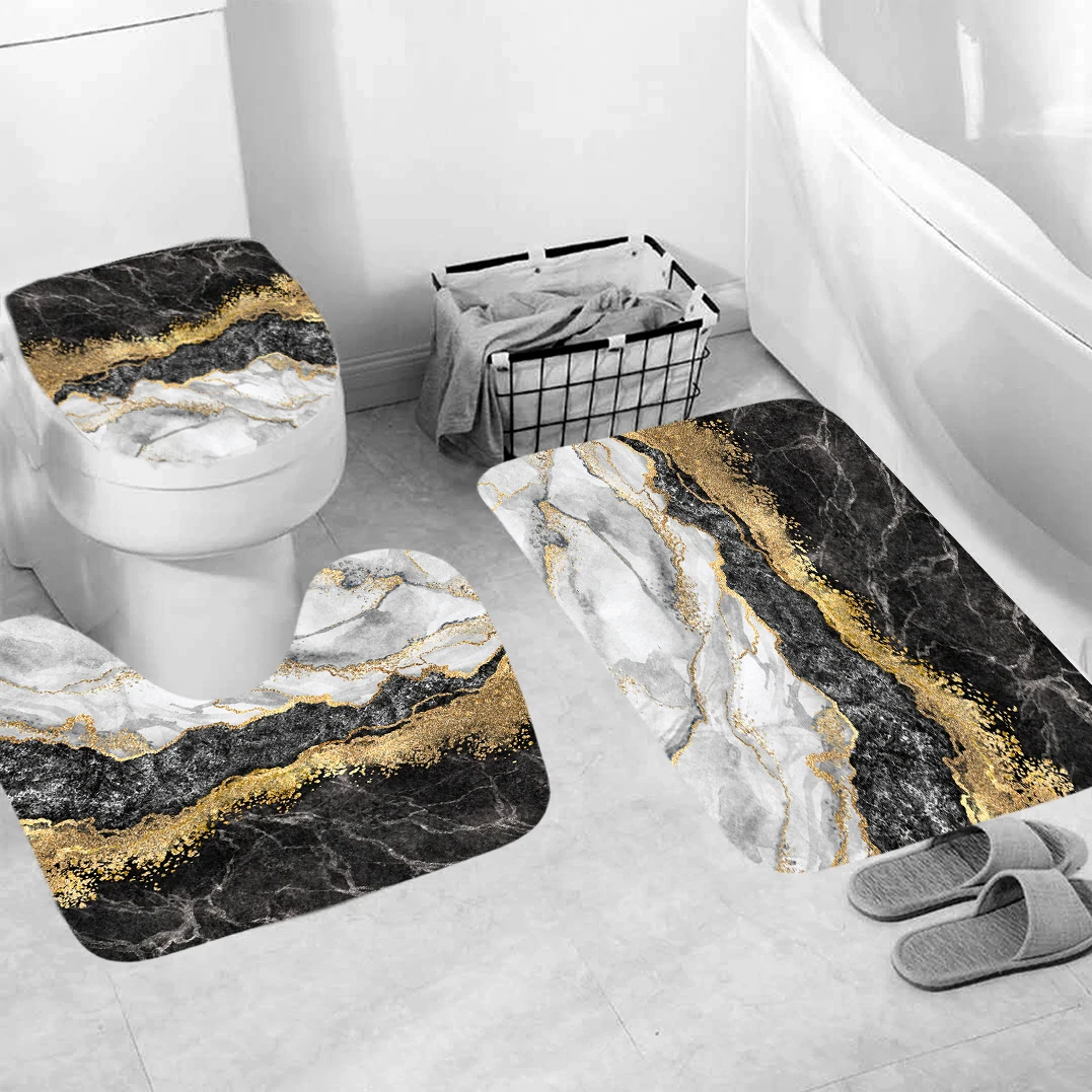 Shower Bathroom Mat Luxury Black Non Slip Mug Carpet Modern Flower Toilet Seat Lip Cover Bath Home Decor Accessories 3pcs
