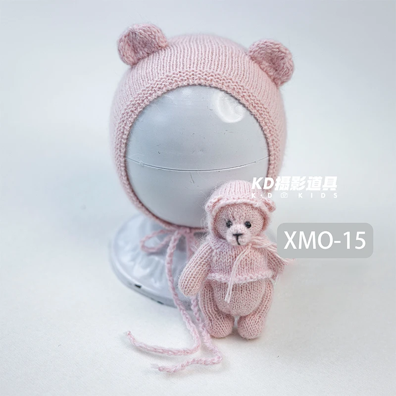 Cappello lavorato a maglia neonato + bambola orsacchiotto 2 pezzi / set Puntelli per fotografia Orsacchiotto fatto a mano lavorato a maglia Stuffer per bambini Giocattolo animale Studio fotografico Prop