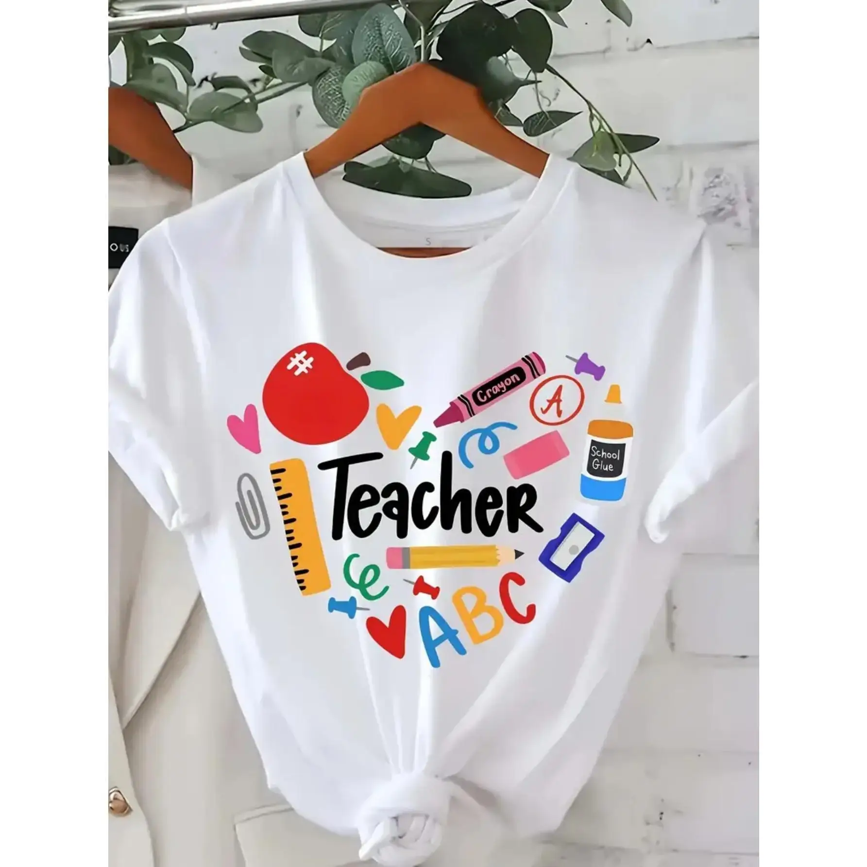 

Women's Casual Short Sleeve Cotton T-Shirt with Teacher-Themed Cartoon Print - Loose Fit Round Neck, Breathable & Machine Washab