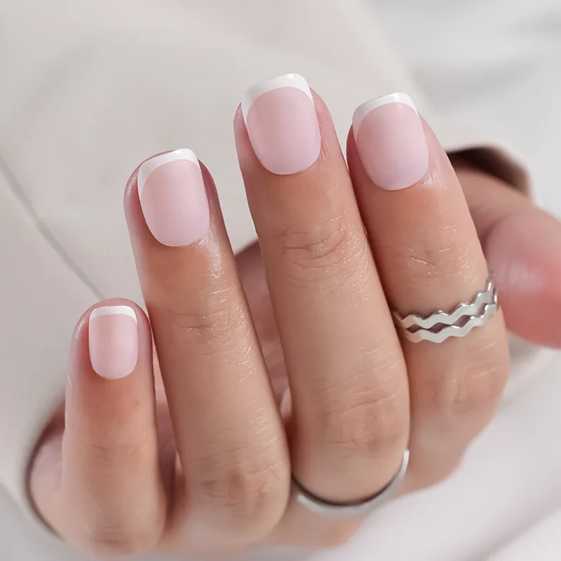

24 Pcs White French Glued Nails Press Ons Short Square Self-adhesive False Nails for Women Fashion Solid Color Adhesive Nail Art