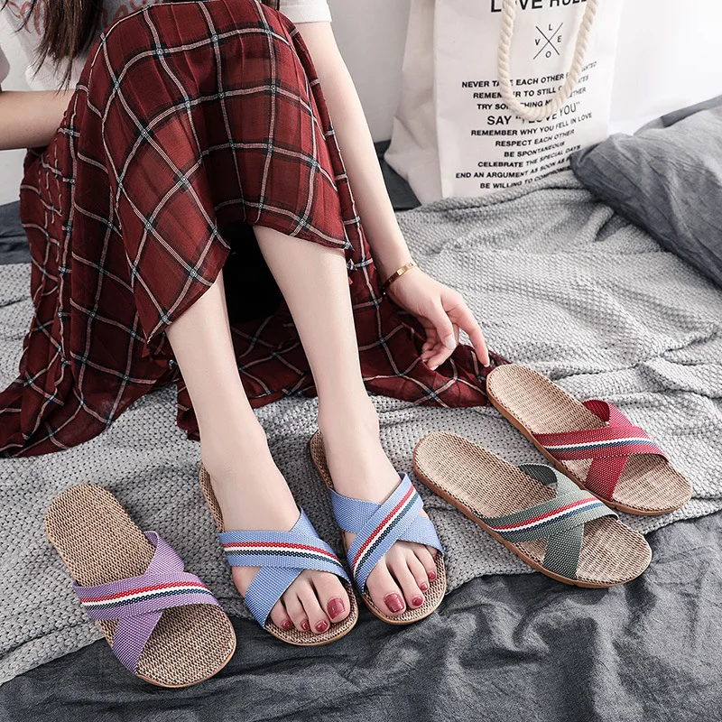 Mnterrm New Style Slippers For Summer Home Men And Women Summer Linen Lovers Home Soles Anti-Slip Indoor Sandals Women Summer