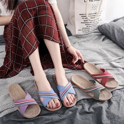 Mnterrm New Style Slippers For Summer Home Men And Women Summer Linen Lovers Home Soles Anti-Slip Indoor Sandals Women Summer