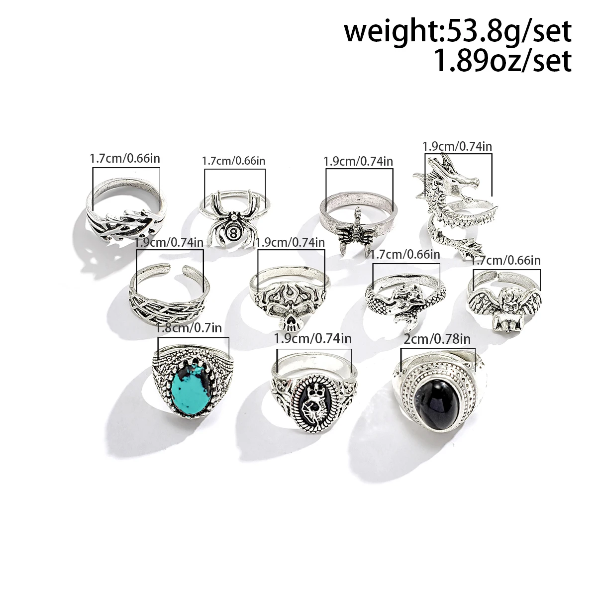 KunJoe 11pcs/set Punk Metal Geometric Irregular Animal Skeleton Rings for Men Vintage Blue Stone Rings Halloween Hiphop Jewelry