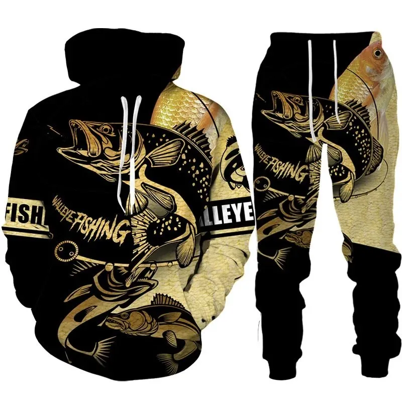 2023 New fish Hoodie 3D Printed Men Hoodie Pants 2pcs Sets Camo Fishing Hunting Camping Clothes Fashion Outdoor Sportswear Set