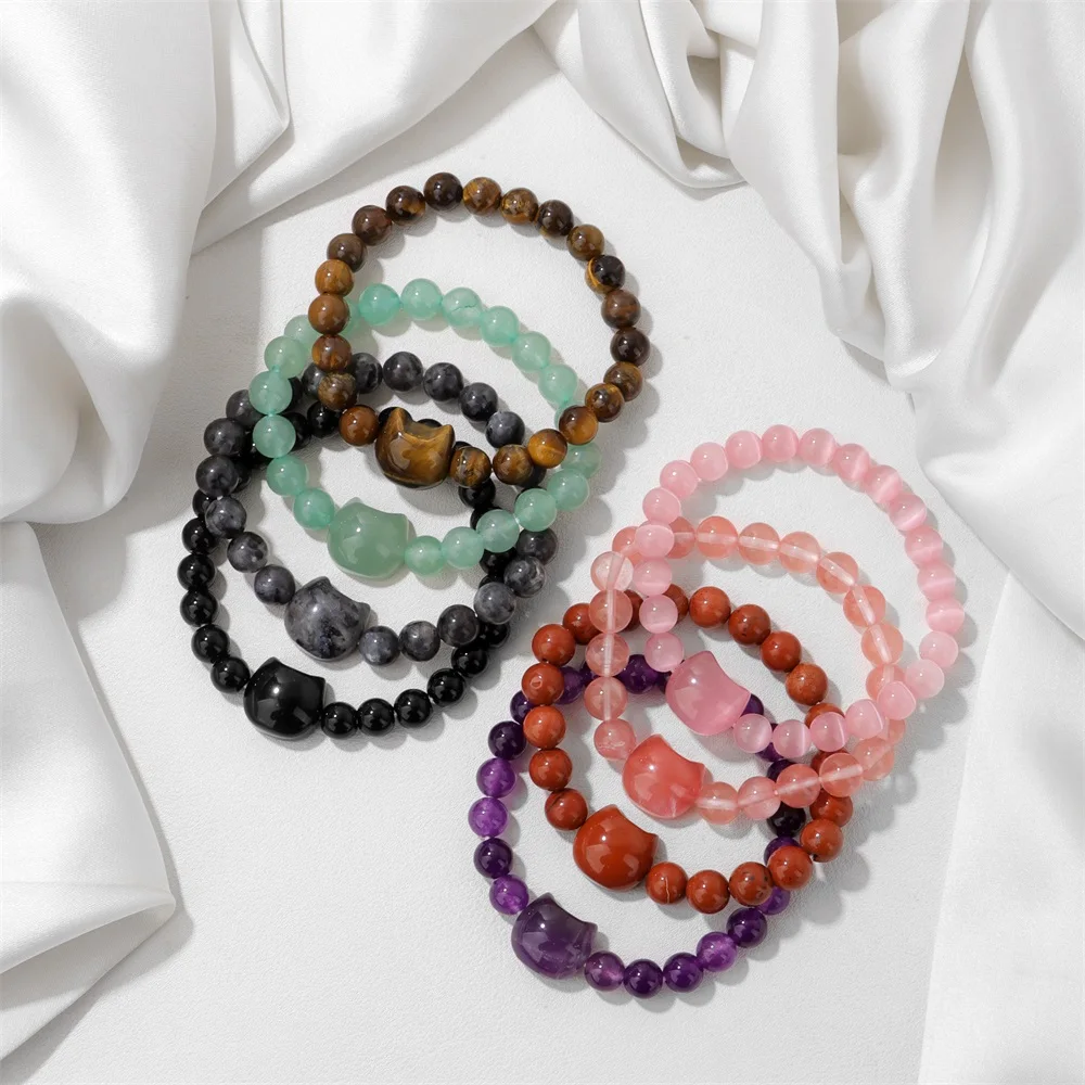 Unique Cute Cat Head Stone Bracelet For Women Natural Beaded Blue Lace Agates Bracelet Men Elastic Jewelry Friendship Party