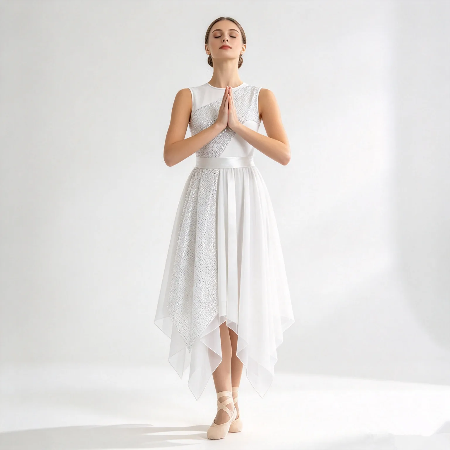 Women Church Choir Liturgical Worship Praise Lyrical Dance Dress Sleeveless Metallic Sequin Chiffon Tunic Party Stage Dancewear