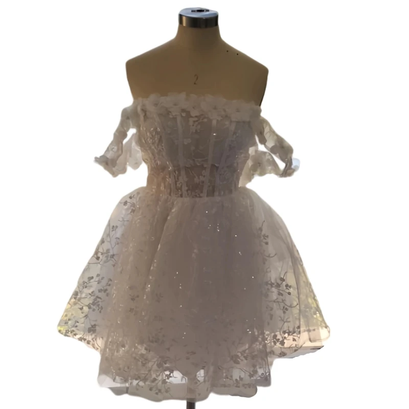 فساتين زفاف قصيرة مخصصة بدون أكتاف وأكمام طويلة قابلة للانفصال للعروس زهور ثلاثية الأبعاد مزينة بالدانتيل فستان زفاف صغير بوهو