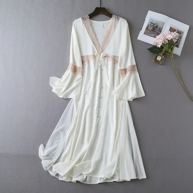 

Nightgown Court Dress Home Lace V-neck Bathrobe Gown Satin Sleepwear Female Dressing Style Loungewear Long Nightwear Sleeve