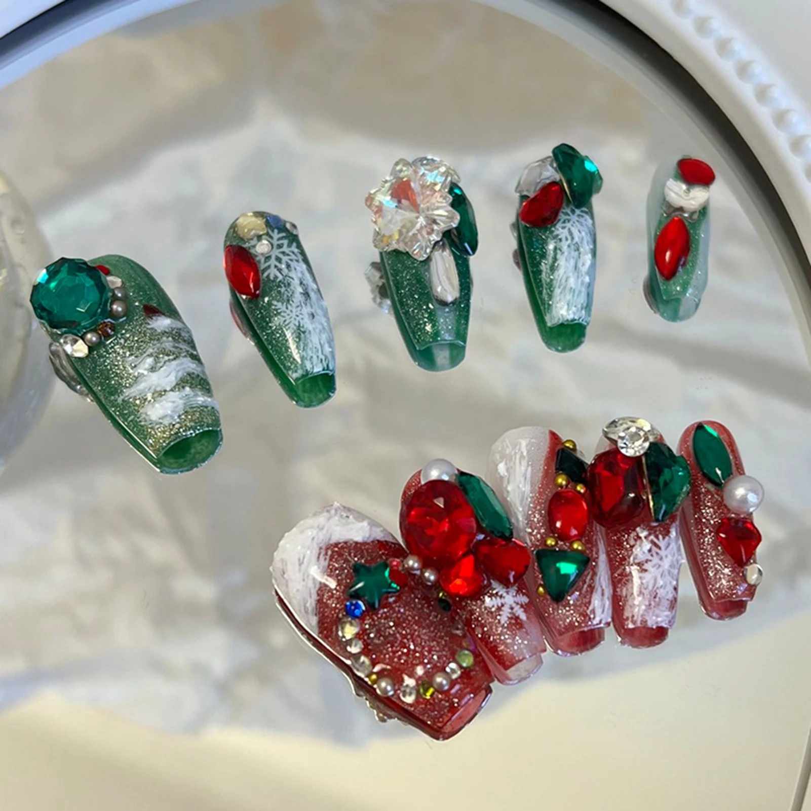 Red Green Fake Nails with Rhinestone Ultra-flexible Long Lasting Fake Nails for Professional Nail Art Salon Supply