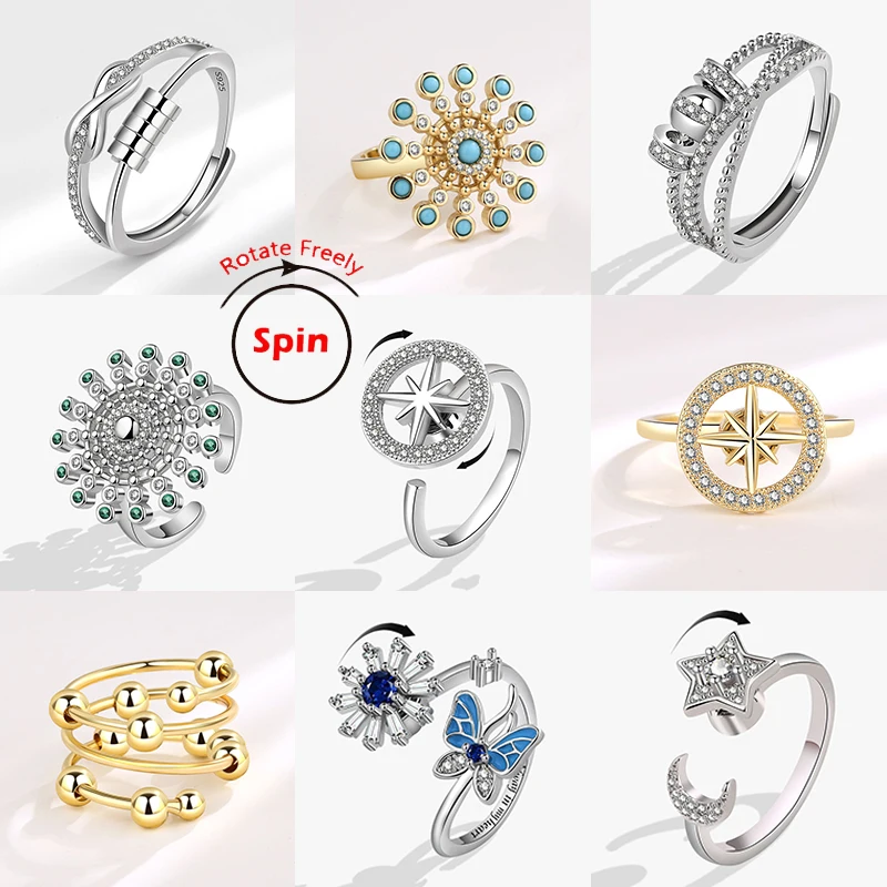 2024 Fashion Beads Anxiety Ring Fidget Spinner Rings Korea Crystal Butterfly Flower Star Moon Ring Anti Stress Jewelry Gift