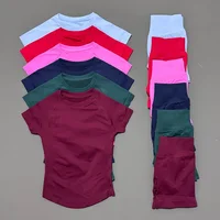 2 Pieces Histello Sports Set Women Short Sleeve Top Seamless Scrunch Bum Joggers Suit Training Pants Suits Gym Fitness Sets