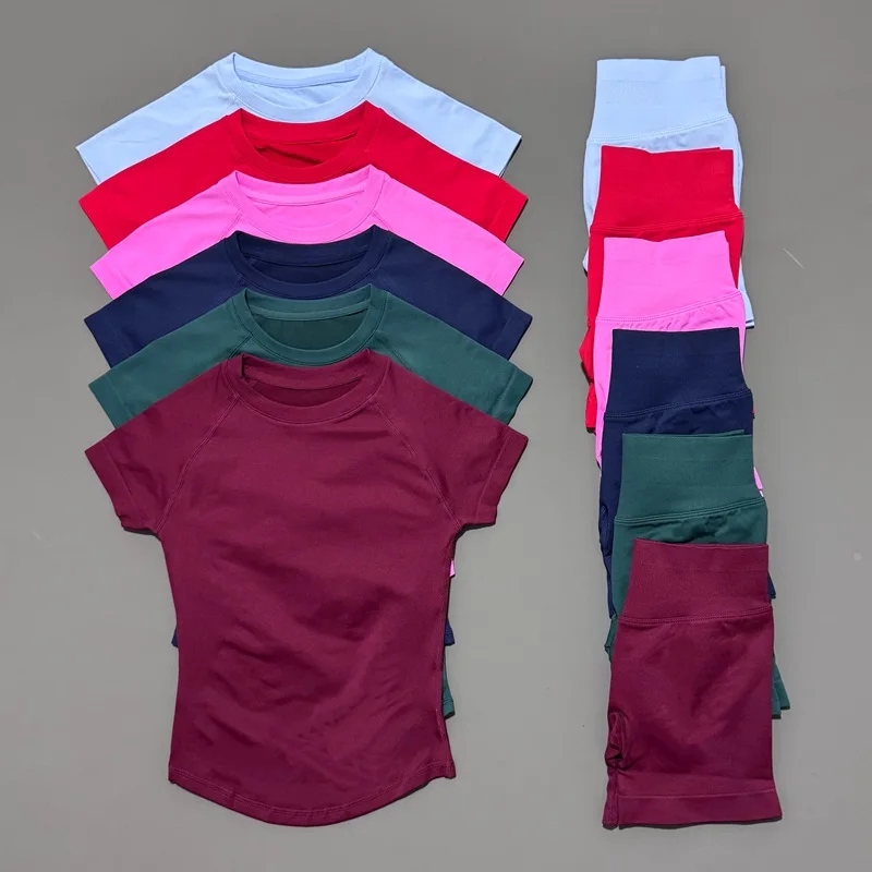 2 Pieces Histello Sports Set Women Short Sleeve Top Seamless Scrunch Bum Joggers Suit Training Pants Suits Gym Fitness Sets