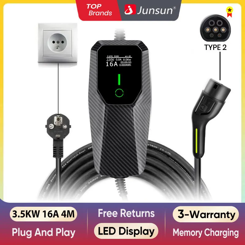 Junsun ev charger wallbox 7kw 32A 3.5KW 16A 3Phase 11KW 16A 22KW 32A Type 2 Car fast charging plug to plug chargeur for tesla