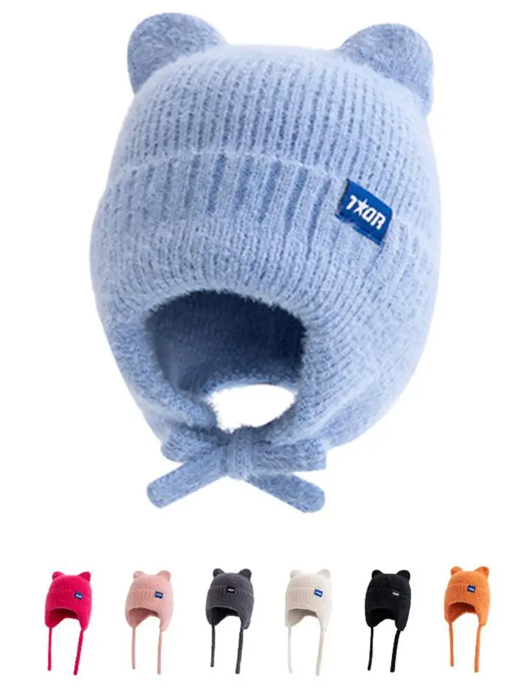 Cute Bear Ear Knit Earflap Hat Fleece Lined Warm Beanie with Tie‑Bow Strings Decor Windproof Winter Hat for Ladies Daily Outdoor