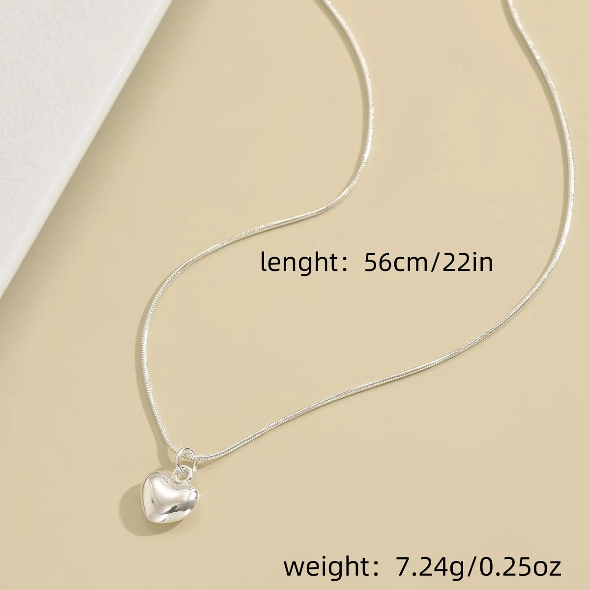 925 Silver Color Solid Small Heart Pendant Necklace 22 Inch 56 cm Snake Chain For Women Wedding Charm Fashion Jewelry Gift