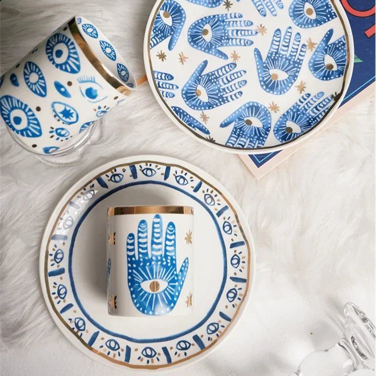 2026 Ceramic Mug Eye Hand Print Indian Style Couples Cup Gift with Gold Trim Decal Dessert Plate Breakfast Tableware Set