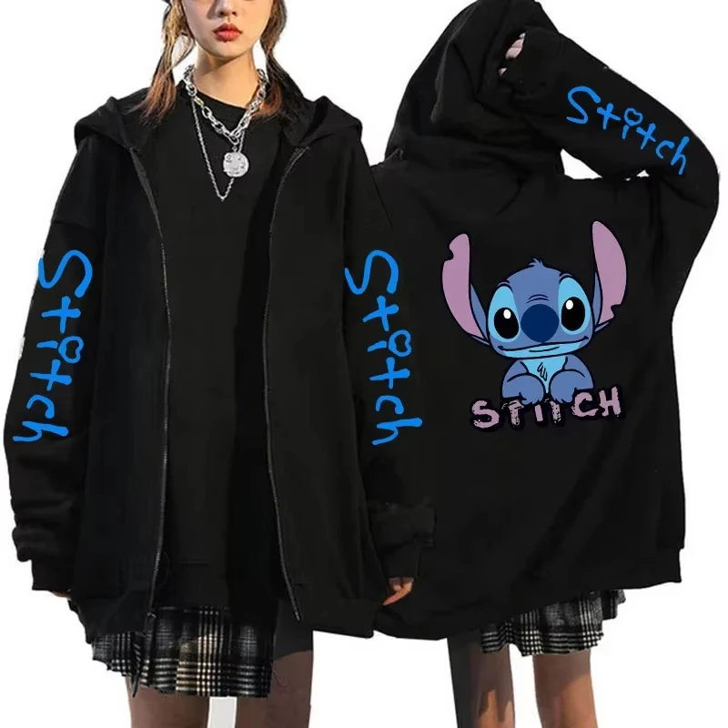 Sudadera con capucha animada bonita de Disney Stitch para parejas, Sudadera con capucha con cremallera, sudadera para mujer, ropa de calle, Sudadera con capucha holgada informal para mujer