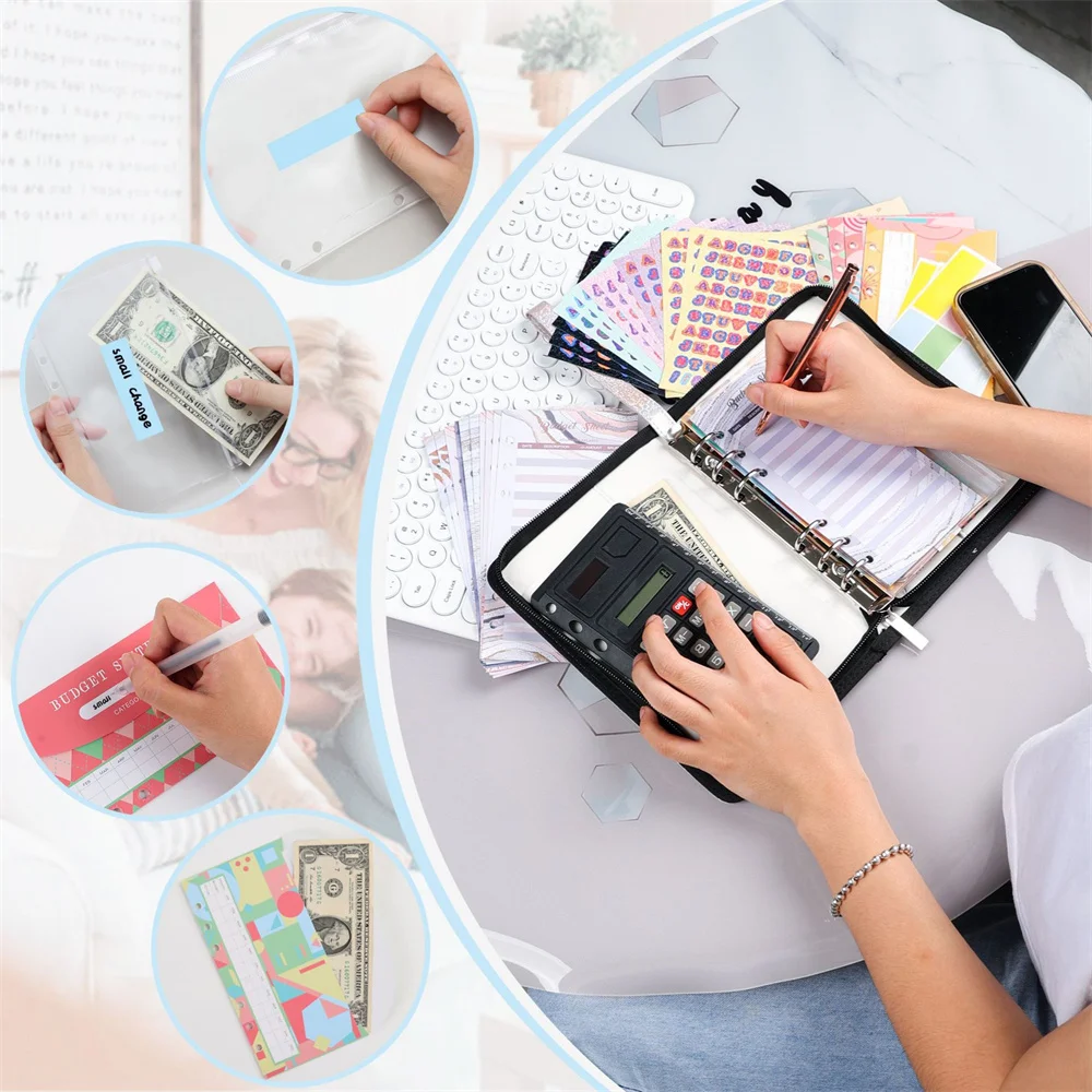 A6 Pu Zipper Tote Bag Notepad Colorful Hand Ledger Binder Budget Loose-Leaf Notebook Wallet Daily Money Cash Financial Planner