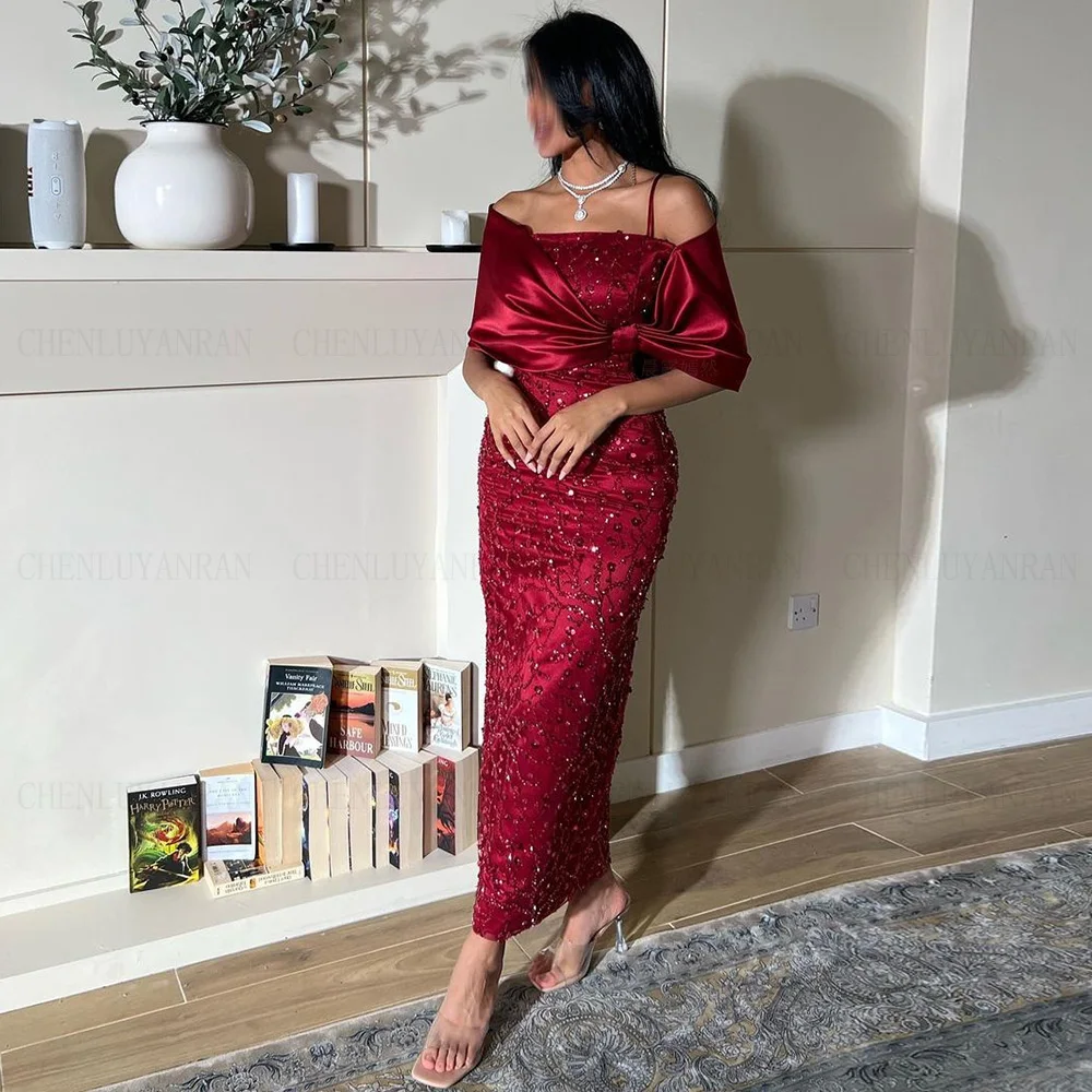 Lace Burgundy Formal Occasion Dresses 2024 Ankle-Length Mermaid Ball Gowns Custom Made Satin Evening Party Gowns فساتين الحفلات