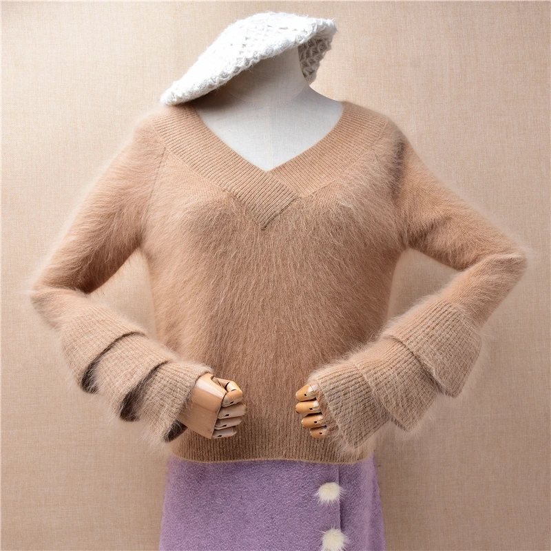 

Women Mujer Autumn Winter Clothing Hairy Angora Rabbit Hair Knitted V-Neck Long Sleeves Slim Blouse Crop Top Sweater Jumper Pull