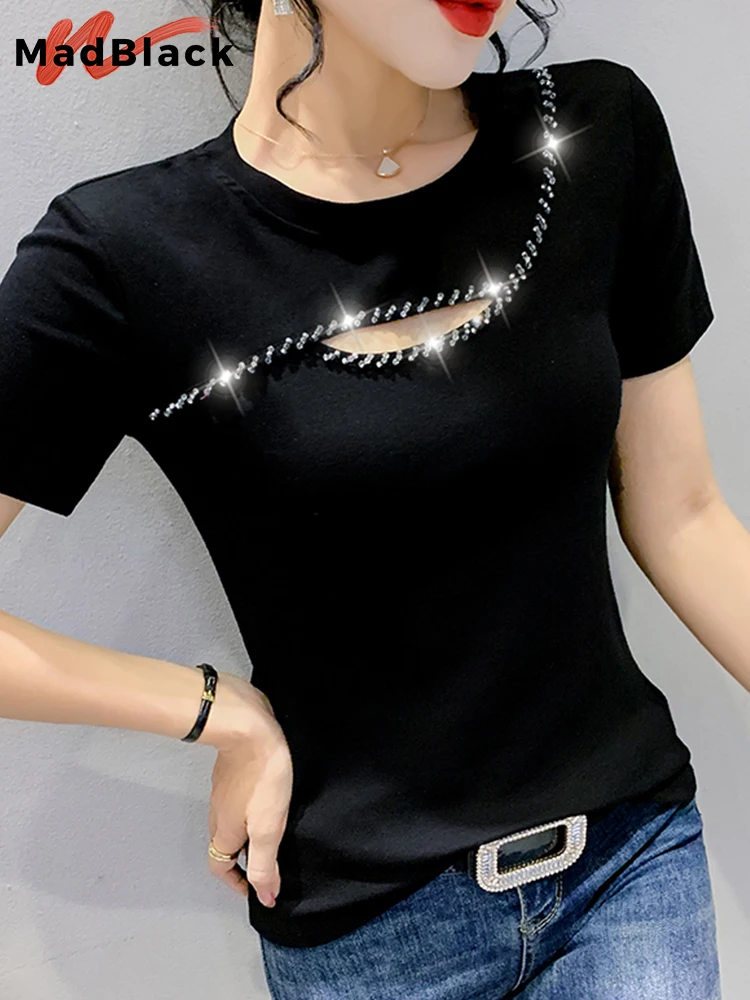 

MadBlack Summer European Clothes Hand Make T-Shirt Chic Sexy Hollow Out Shiny Beads Women Tops Short Sleeve Glitter Tees T24804X