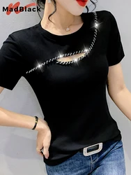 MadBlack Summer European Clothes Hand Make T-Shirt Chic Sexy Hollow Out Shiny Beads Women Tops Short Sleeve Glitter Tees T24804X