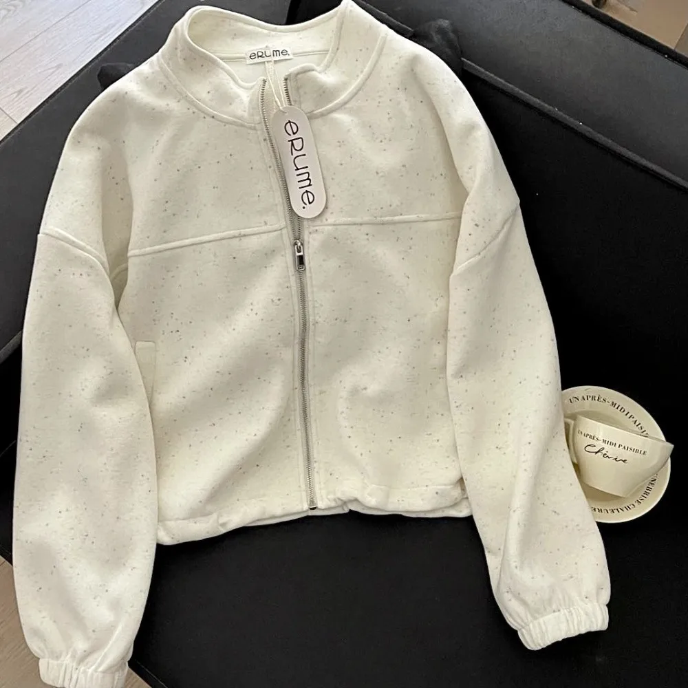 

Женское пальто в корейском стиле с яркими точками, воротником-стойкой, молнией, длинными рукавами - осеннее свободное и повседневное, нишевый дизайн, шнурок