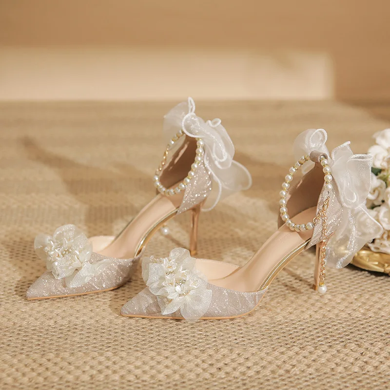 Womens Pumps Pointed Toe High Heel Textured Upper Pearl Ankle Strap Bow Accent Dress Shoes