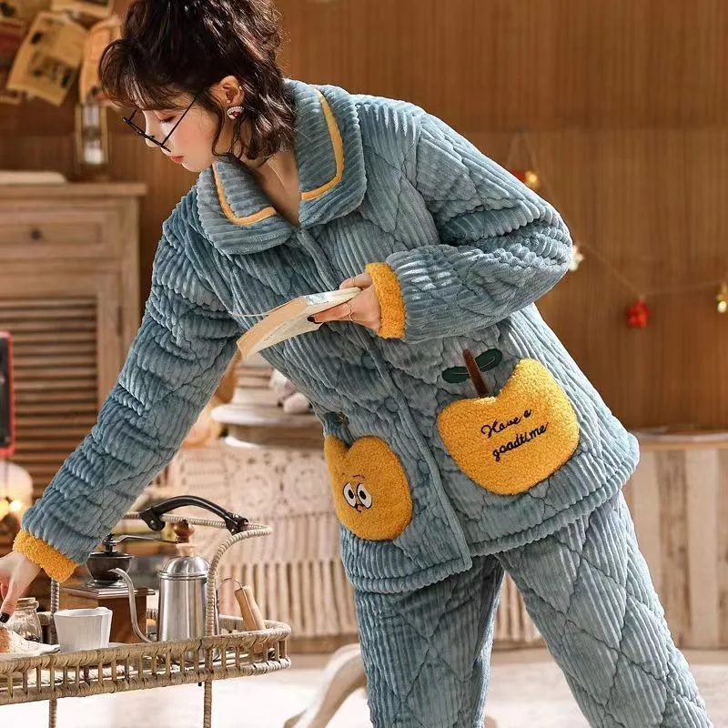 Women Coral Fleece Winter Pajamas Girls Thickened Velvet Cotton Loungewear Ladies Embroidered Three-layer Warm Sleepwear Suit