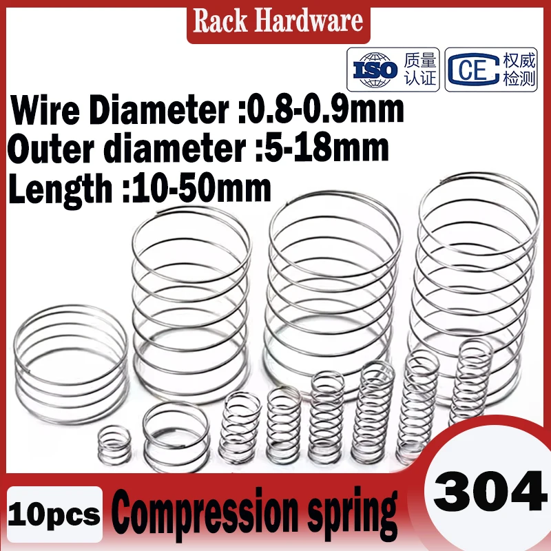 10PCS 304 Stainless Steel Small Compression Spring 0.8mm Wire Diameter OD 5-18mm L:10-50mm Hardware Accessories for DIY & Machin