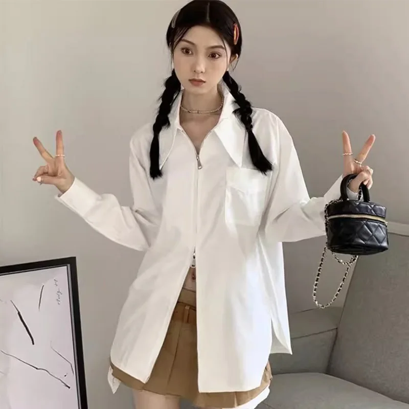 

Корейские рубашки средней длины на молнии для женщин, 209, свободная рубашка с отложным воротником, женские белые блузки с длинными рукавами Mujer