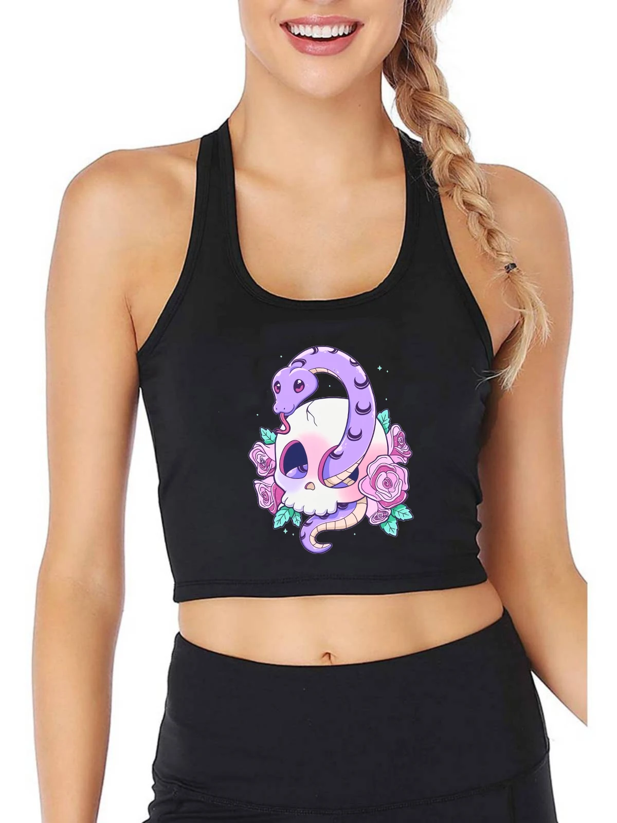 

Kawaii Pastel Goth Creepy Serpent Snake Skull Demo Design Crop Top Women's Gothic Sexy Slim Fit Tank Tops Fitness Camisole