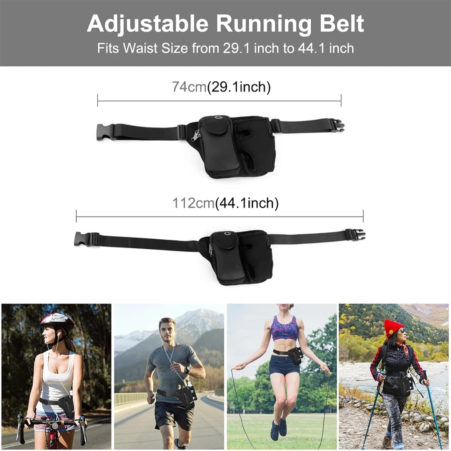 Black Running Belt with Adjustable Strap, Water Bottle Holder, Phone Pocket - Fanny Pack for Men and Women - Fits 6.9" Phones