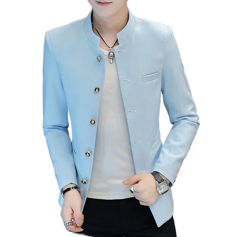 Blazer Fashion Business Solid Color Korean Gentleman Stand Collar Trend Casual Gentleman Slim Wedding Work Mens Blazer Jacket