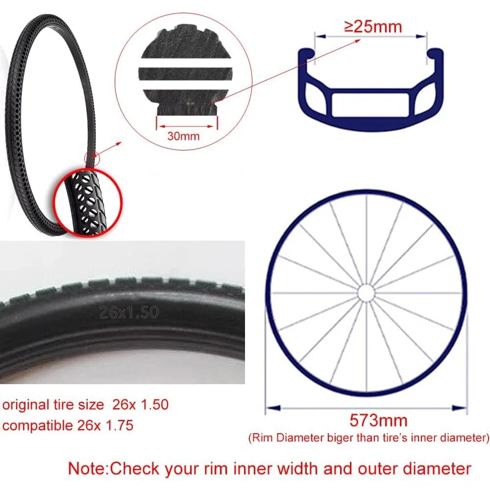 CATAZER 26Inch Honeycomb Solid Tire Bicycle  Non-pneumatic Airless Non Inflation Tire 26*1.75/1.95/2.125 Flexible Wear-resistant