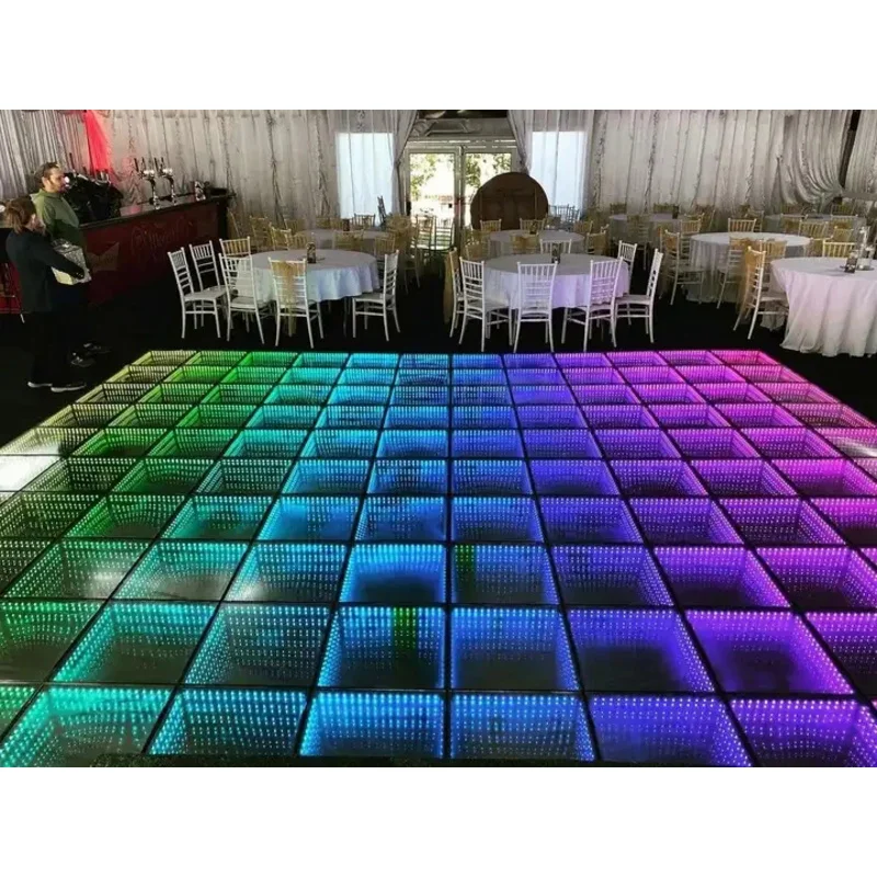 Custom , RGB Magnetic Wireless Tempered glass lighted Portable 3D mirror led dance floor For Club Wedding Party Disco