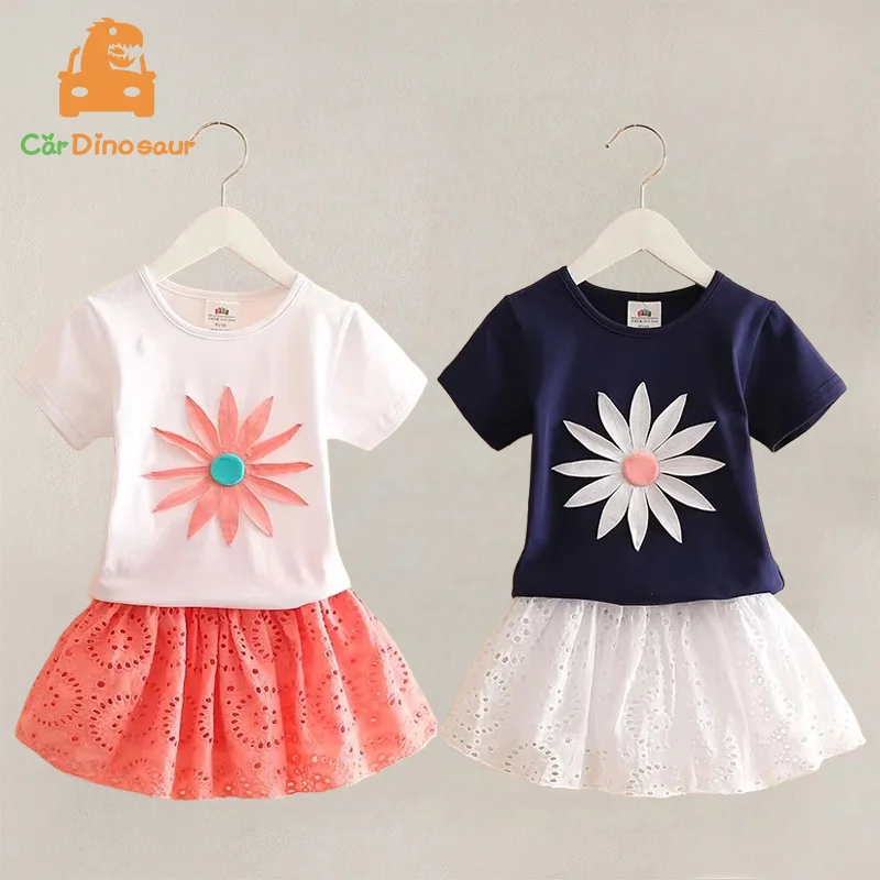 2026 Summer 3 4 5 6 7 8 9 10 Years Princess Elegant Lace Embroidery Floral T-Shirt+Hollow Out Skirt 2 Piece Kids Girl Sets
