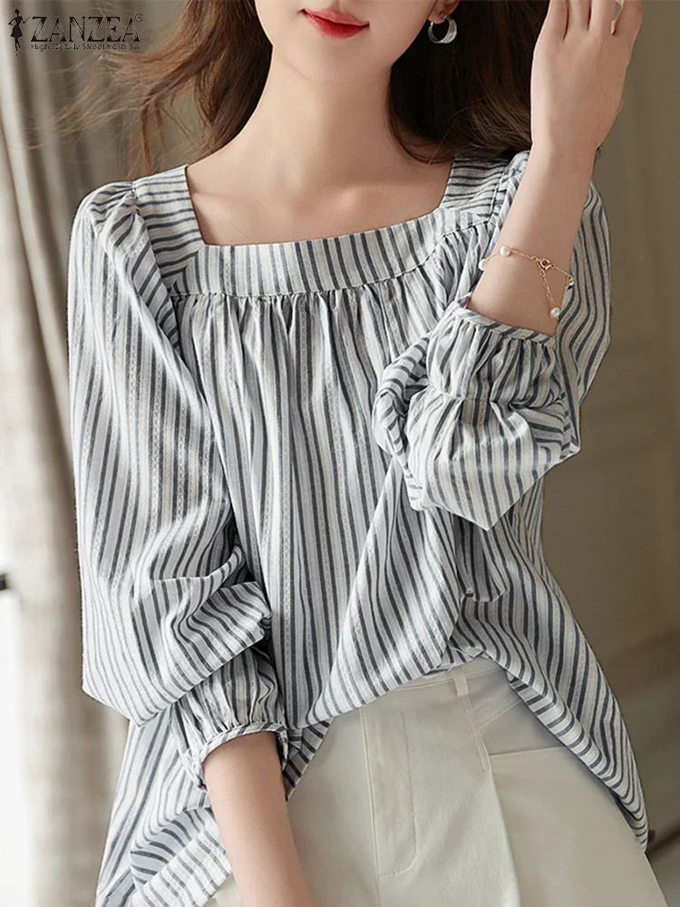 ZANZEA Sweety Pleated Square Neck Blouse Women Korean Cotton Long Sleeve Tops Autumn Fashion Stripes Tunic Elegant Party Blusas