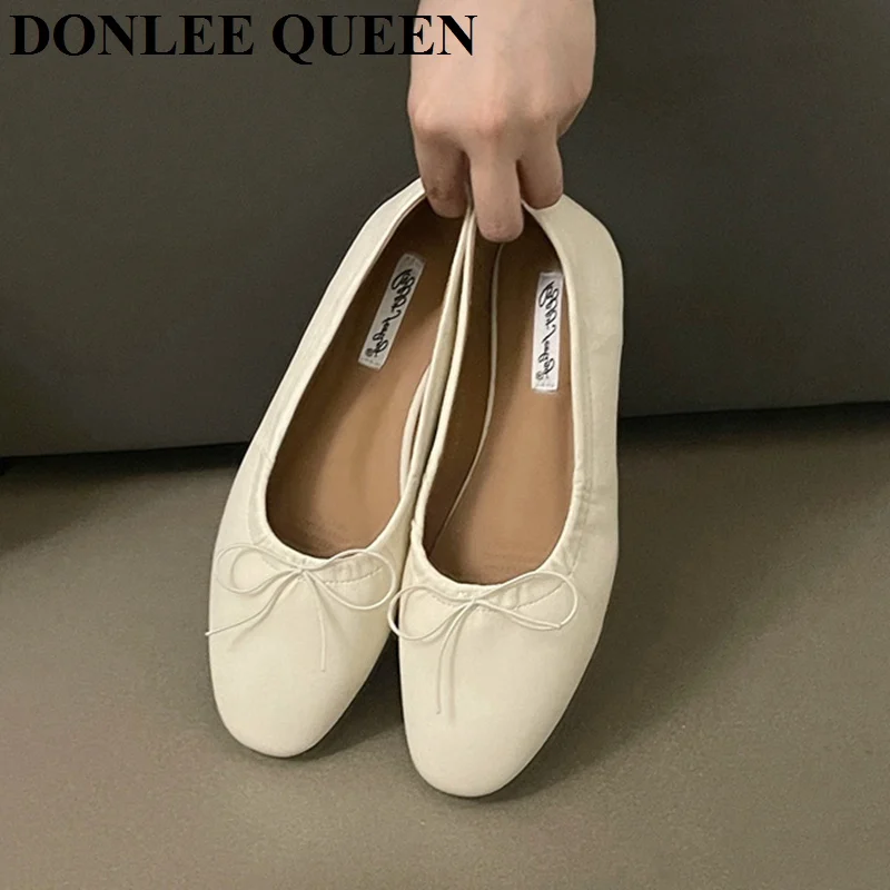 2024 Spring Round Toe Flat Casual Shoes Women Flats Ballet Female Ballerina Soft Moccasins Female Bow Knot Shallow Classic Mujer