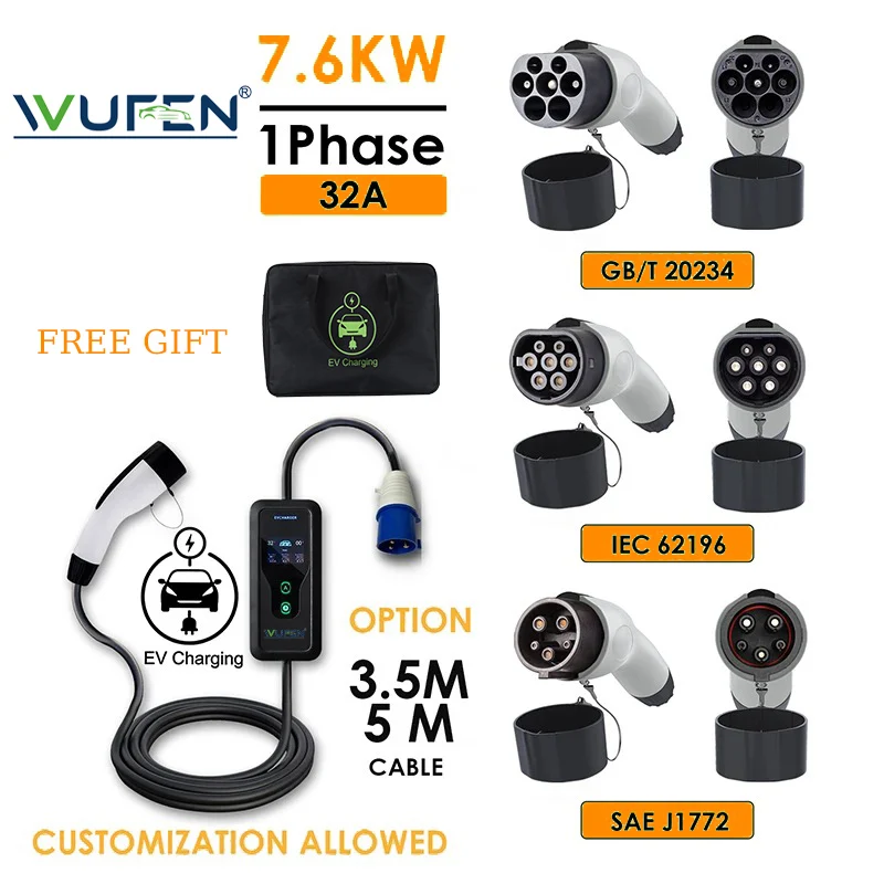 Wuben GBT شاحن محمول evv Wallbox ، نوع 2 كابل ، 32 أ ، 7.6 كيلو وات ، CEE Plug ، EVSE ، Type1 صندوق شحن ، محول J1772 ، 5 م ، 10 م ، 20 م ، المنزل