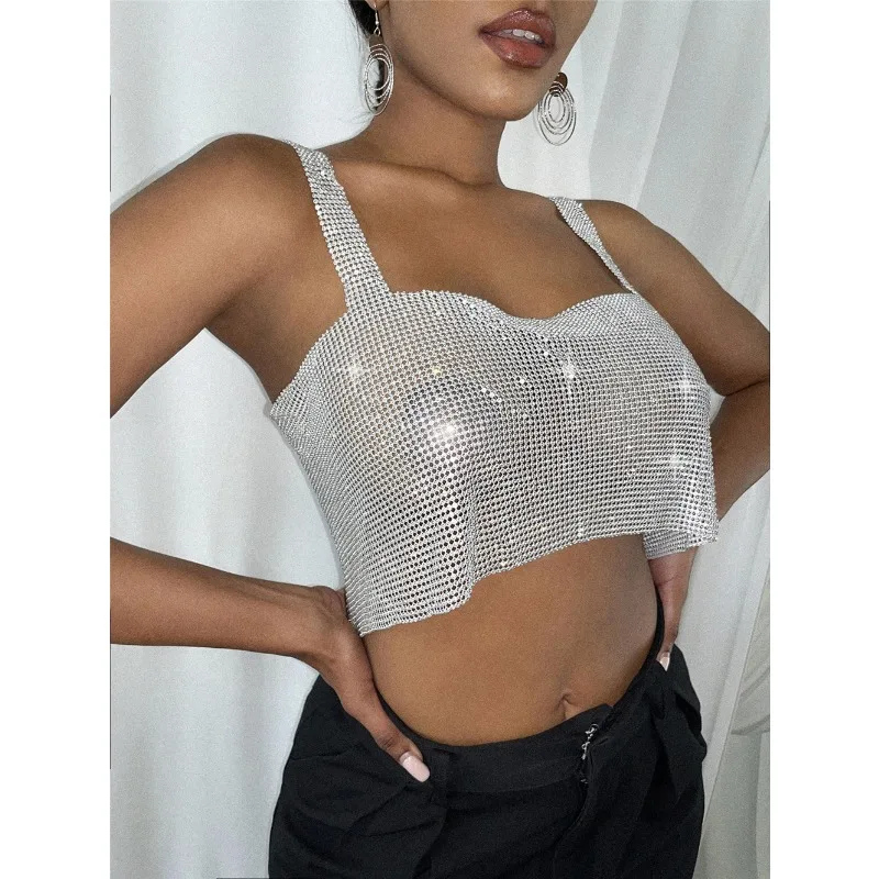 

Customized Hot Selling Steel Tube Belly Dance Costume Electric Syllable Bright Diamond Sleeveless Exposed Camisole Top Bra Z625