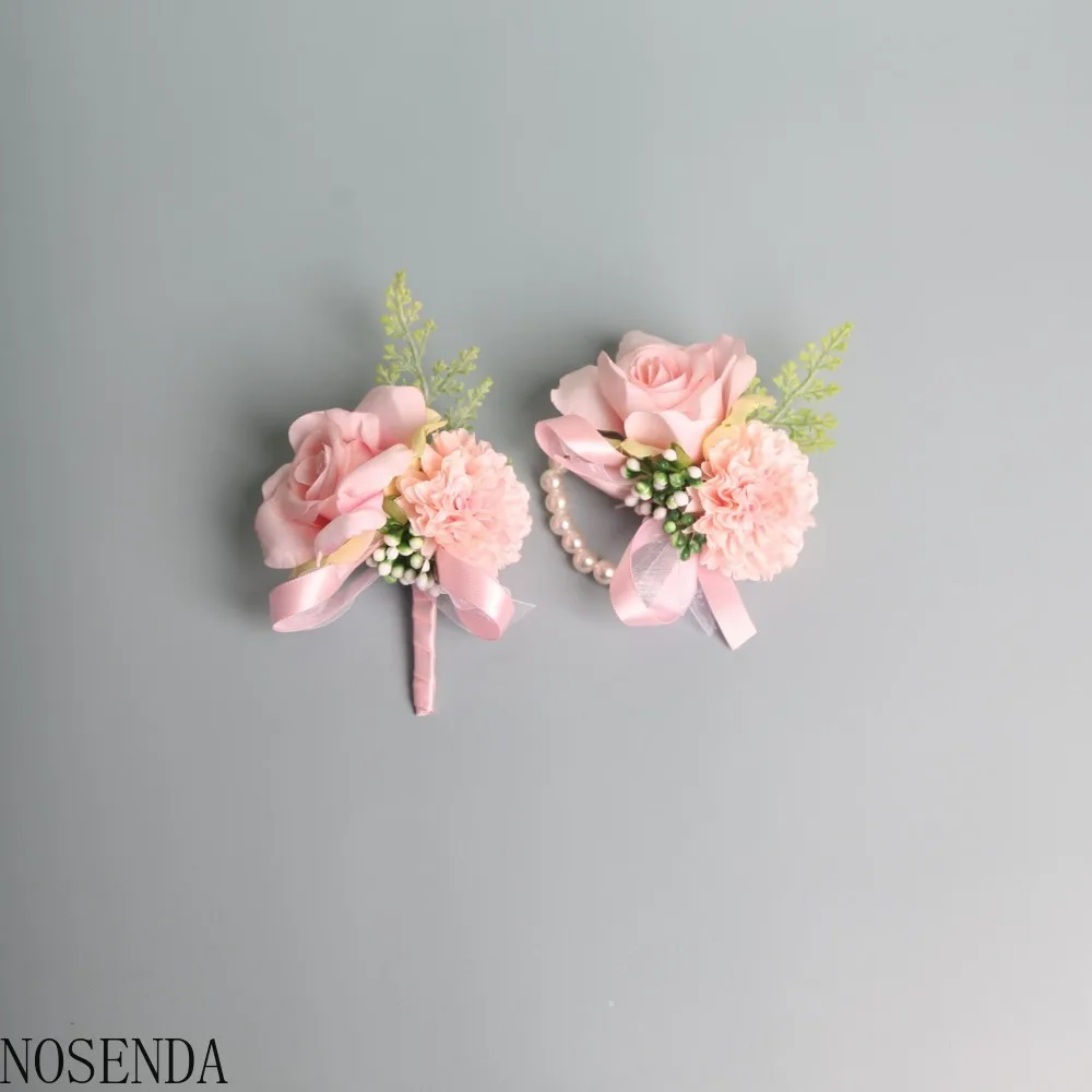 Pearl Wrist Corsage for Bridesmaid Pink Corsage Boutonniere Marriage Accessories for Groom Wedding Decoration
