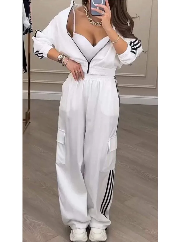 Spring Autumn Sports Sets Loose Casual Women Set Fashion Zipper High-waisted Hoodie + Wide-leg Overalls 2-piece Sweatshirt Suit