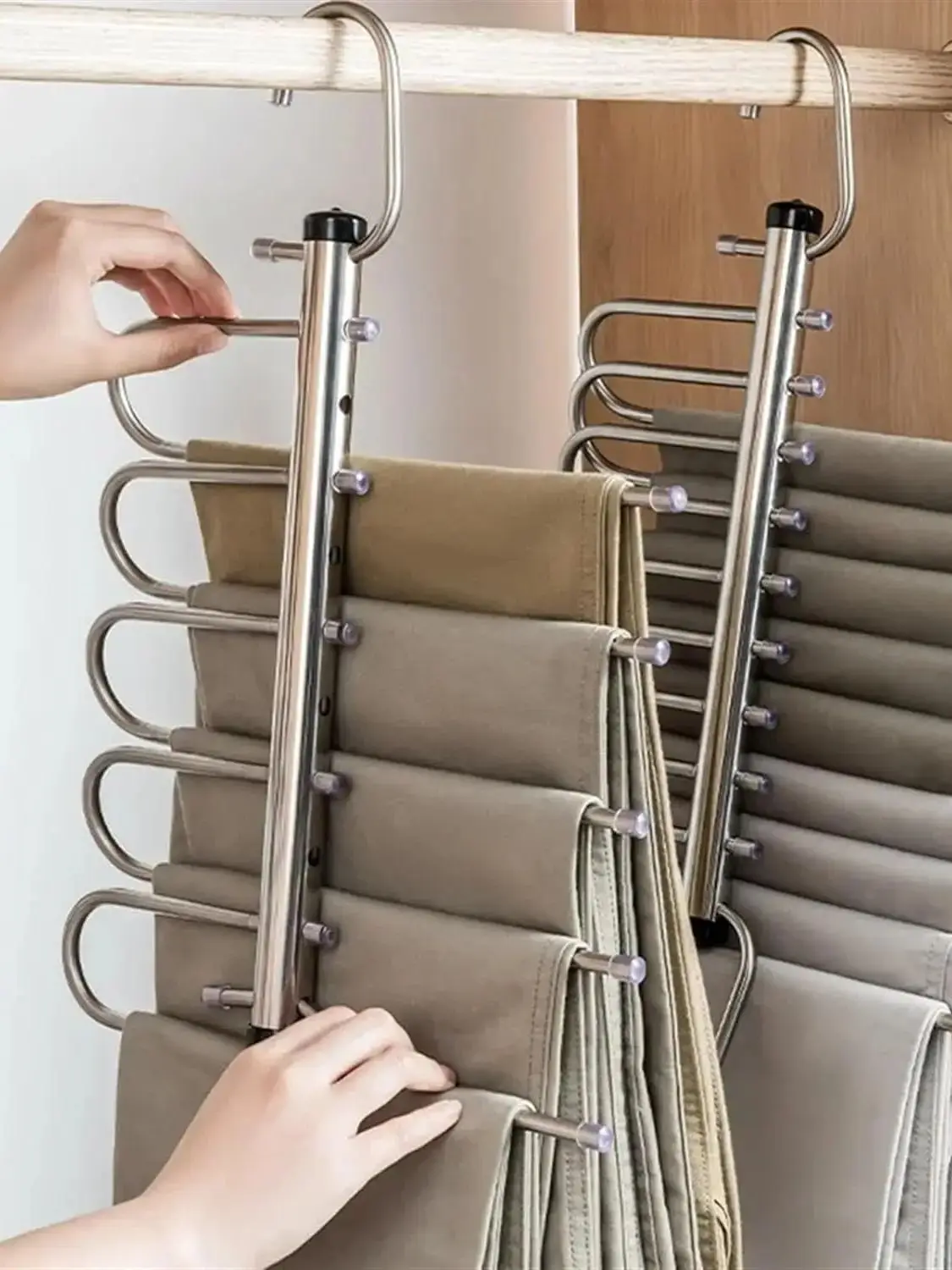 1/2 stuks opvouwbare magische broekhangers, 5/9 laag roestvrij staal ruimtebesparend kledingrek, jeans broek sjaal organisatoren voor kast - afbeelding 2