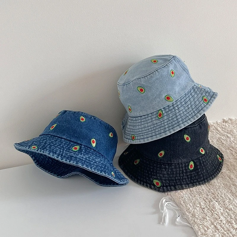 Neue Sommer Große Eimer Hut Für Frauen Stickerei Obst Baumwolle Gewaschen Denim Fischer Hüte Mädchen Beste Abgestimmt Herbst Kappe Geschenk