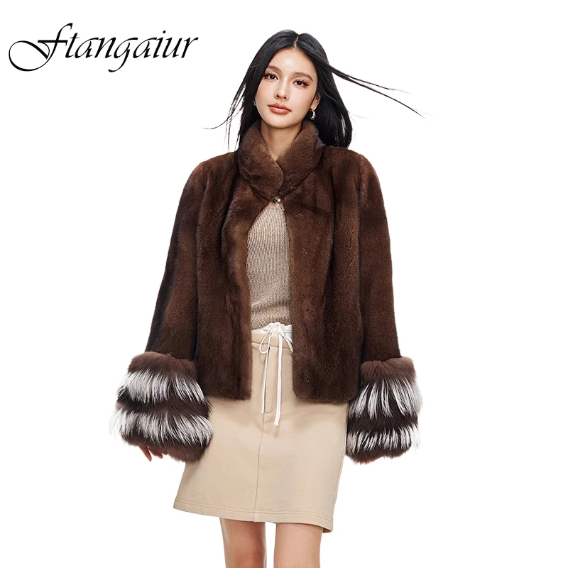 

Новая зимняя импортная шуба из вельвета и меха норки с воротником-стойкой и рукавами из меха лисы, короткая женская шуба из натурального меха норки