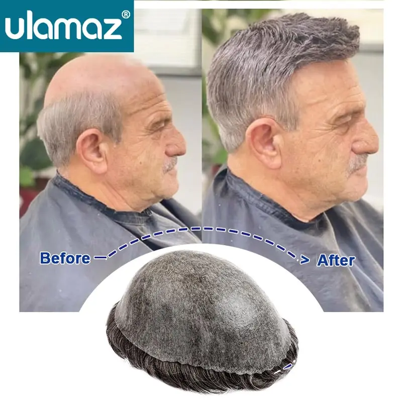

Knot-Free Male Hair Prosthesis Injection Skin Toupees Men's Wigs 0.1-0.12mm PU Hair System For Man Knotless Wig With Grey Hair