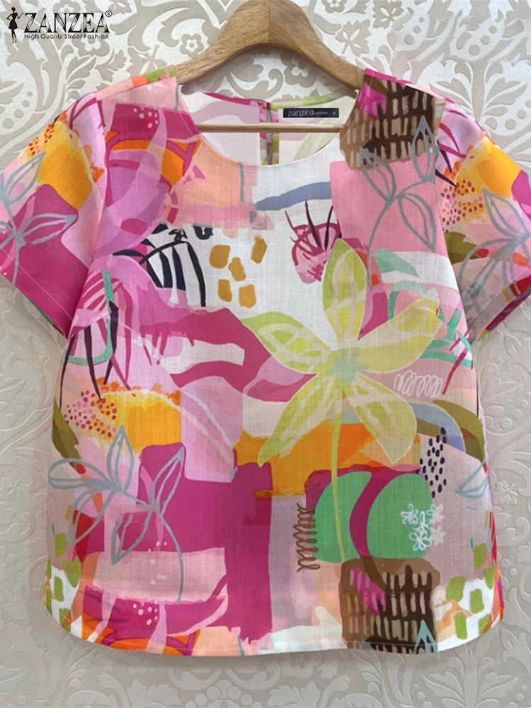 ZANZEA بلوزات نسائية عصرية مطبوعة بالورود 2025 صيفي غير رسمي برقبة دائرية وأكمام قصيرة Blusas Mujer ملابس نهارية خفيفة الوزن تونك