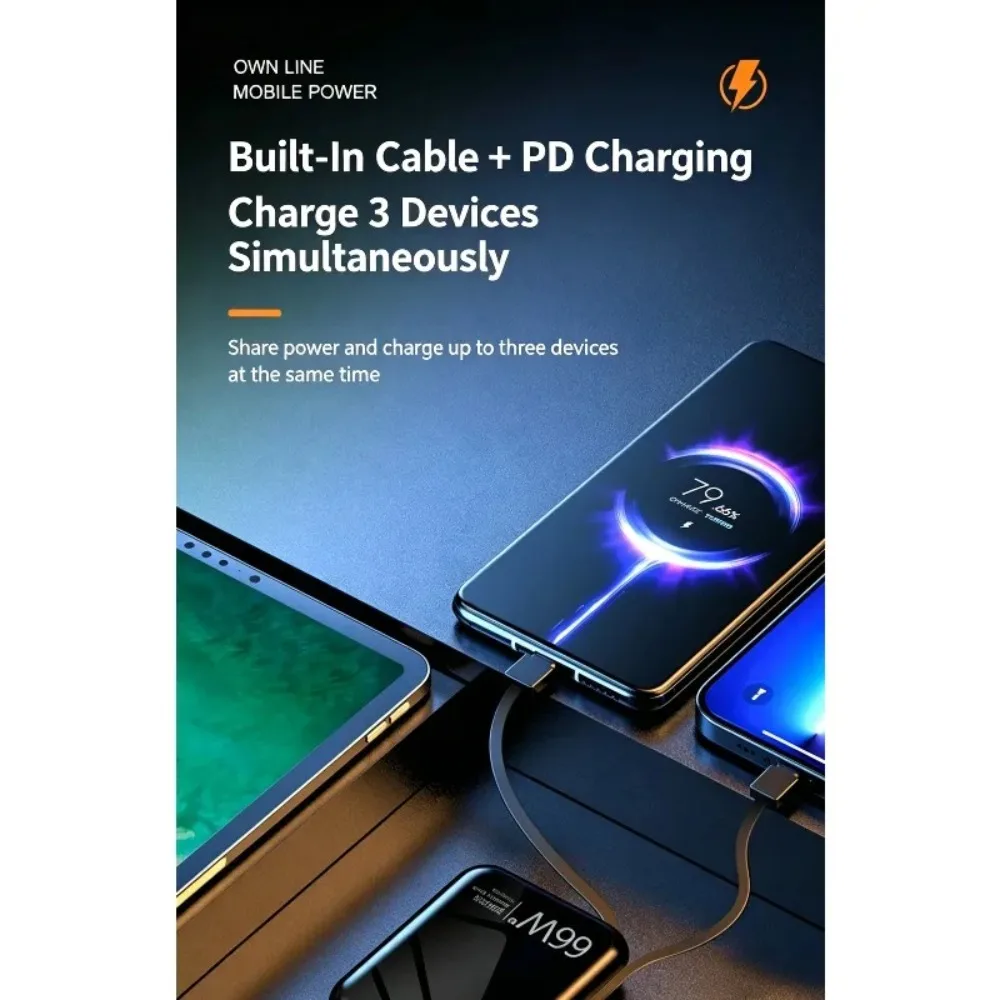 66W Fast Charge Portable Power Bank 20000mAh Built-in Type-C Cables Outdoor Rechargeable Battery for iOS & Android Smartphones