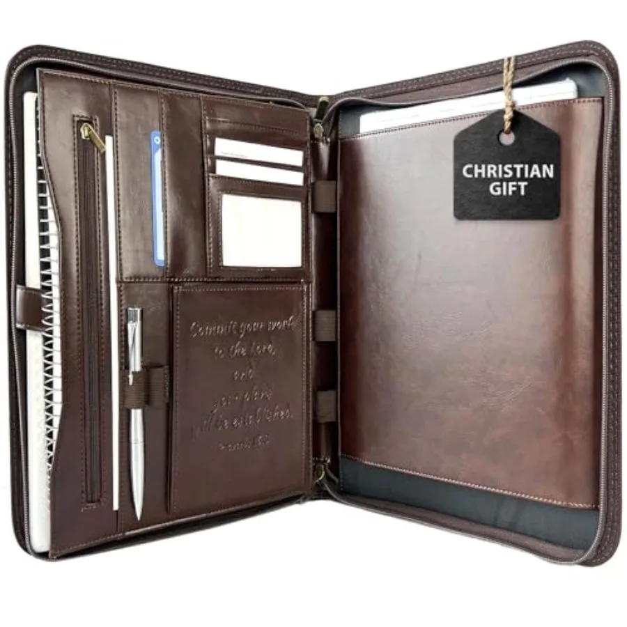 

Leather Portfolio for Men Padfolio Case for Men and Women Bible Notebook Organizer Pen Slots Zipper Binder Premium PU Leather F